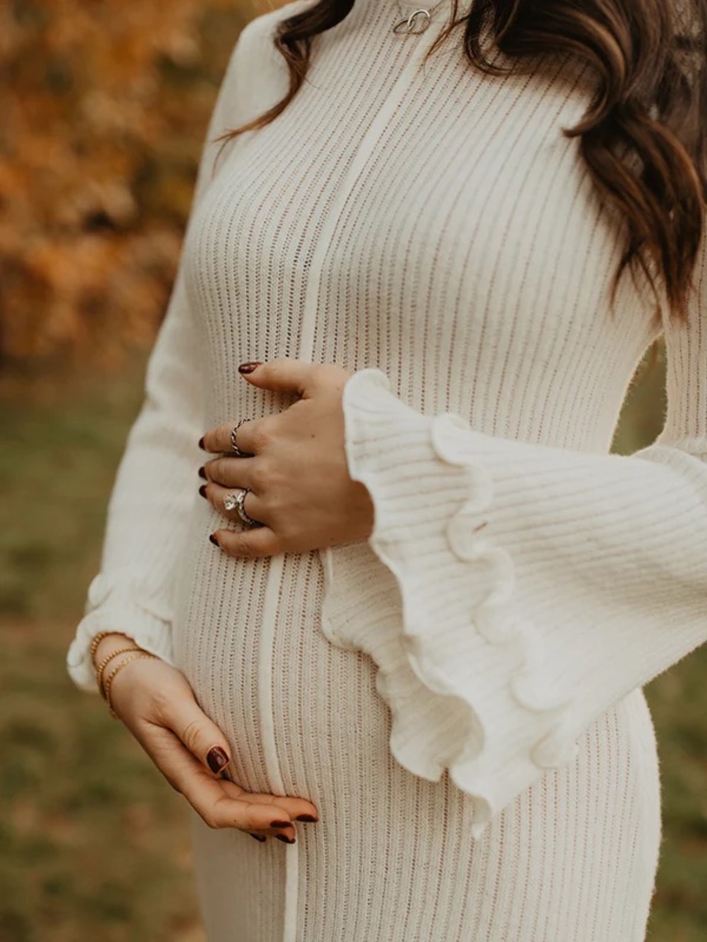 Cream Ribbed Knit Women's Dress with Ruffle Bell Sleeves
